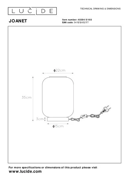 Lucide JOANET - Lámpara de mesa - Ø 22 cm - 1xE27 - Ahumado - técnico